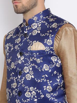 beige solid silk blend dhoti kurta set with printed nehru jacket - 17633331 - Standard Image - 6