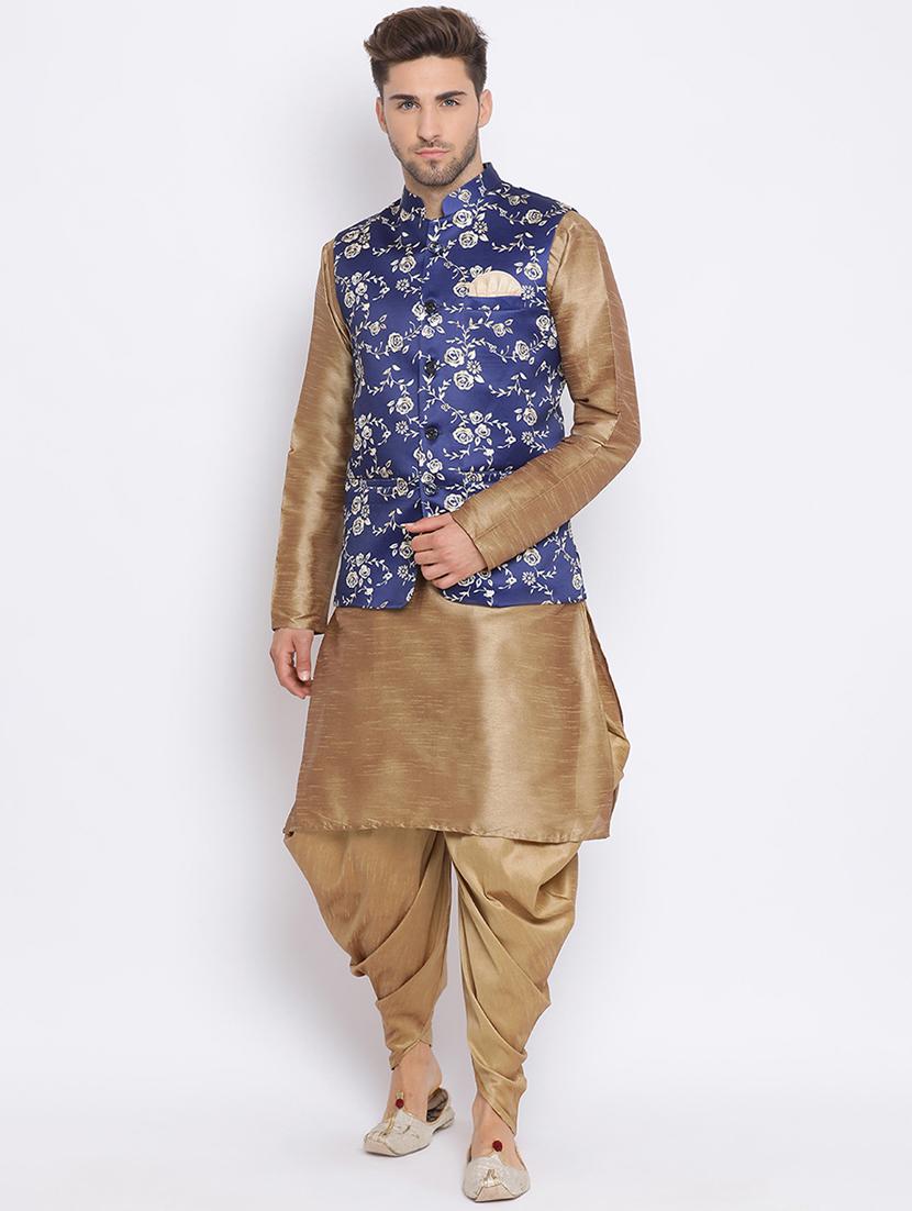 beige solid silk blend dhoti kurta set with printed nehru jacket - 17633331 - Zoom Image - 2