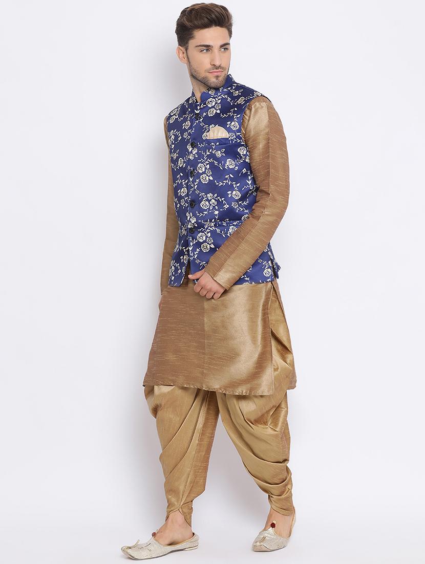 beige solid silk blend dhoti kurta set with printed nehru jacket - 17633331 - Zoom Image - 3