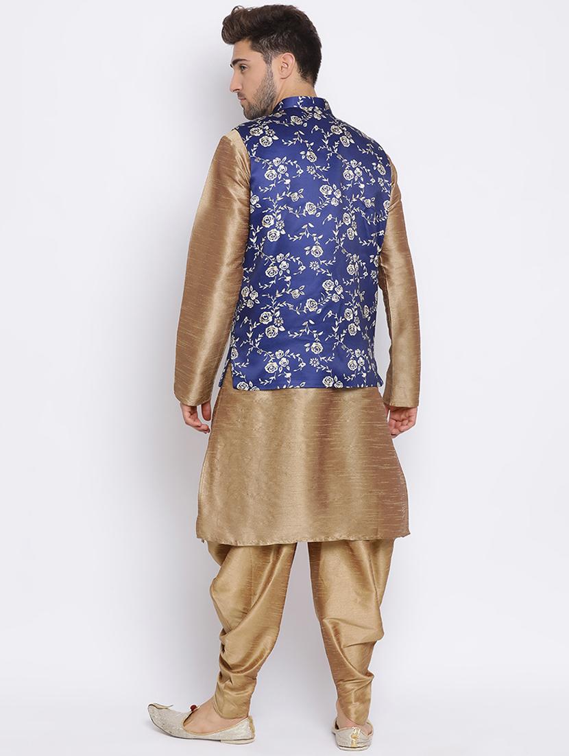 beige solid silk blend dhoti kurta set with printed nehru jacket - 17633331 - Zoom Image - 5