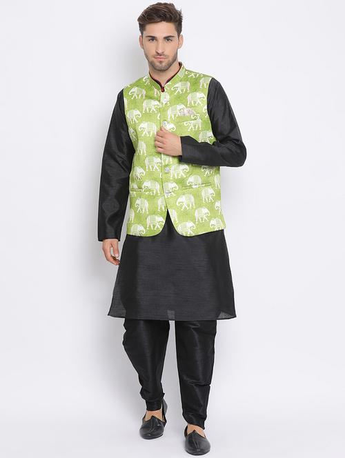 black dhoti kurta set with green printed nehru jacket - 17633332 - Standard Image - 1