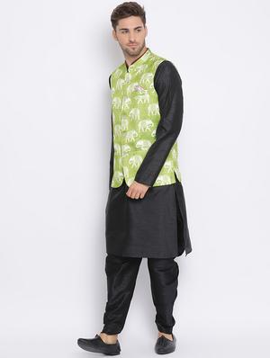 black dhoti kurta set with green printed nehru jacket - 17633332 - Standard Image - 3