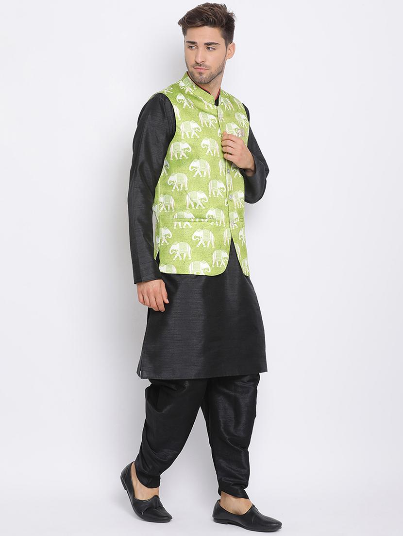 black dhoti kurta set with green printed nehru jacket - 17633332 - Zoom Image - 2