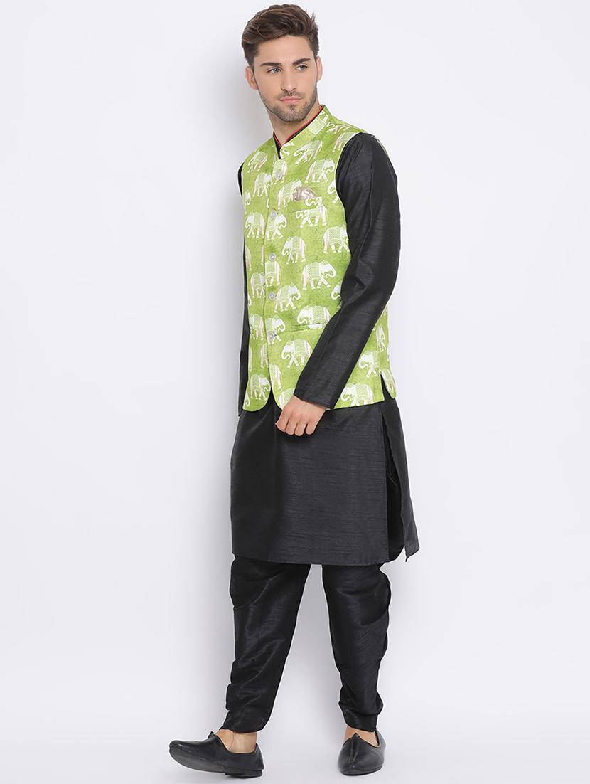 black dhoti kurta set with green printed nehru jacket - 17633332 - Zoom Image - 3