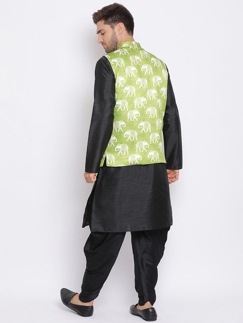 black dhoti kurta set with green printed nehru jacket - 17633332 - Zoom Image - 4