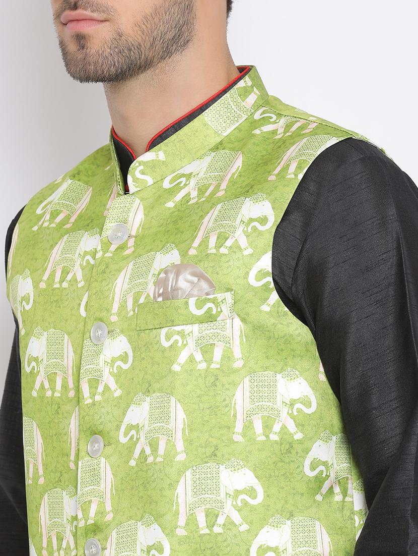 black dhoti kurta set with green printed nehru jacket - 17633332 - Zoom Image - 5