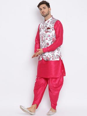 pink dhoti kurta set with white printed nehru jacket - 17633333 - Standard Image - 3