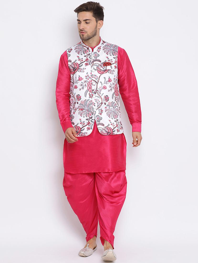 pink dhoti kurta set with white printed nehru jacket - 17633333 - Zoom Image - 1