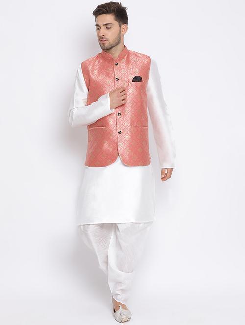 white dhoti kurta set with pink printed nehru jacket - 17633336 - Standard Image - 1