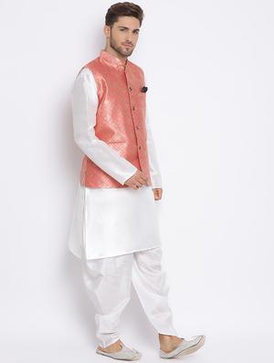 white dhoti kurta set with pink printed nehru jacket - 17633336 - Standard Image - 2