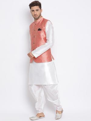 white dhoti kurta set with pink printed nehru jacket - 17633336 - Standard Image - 3