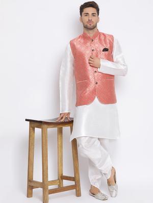 white dhoti kurta set with pink printed nehru jacket - 17633336 - Standard Image - 5