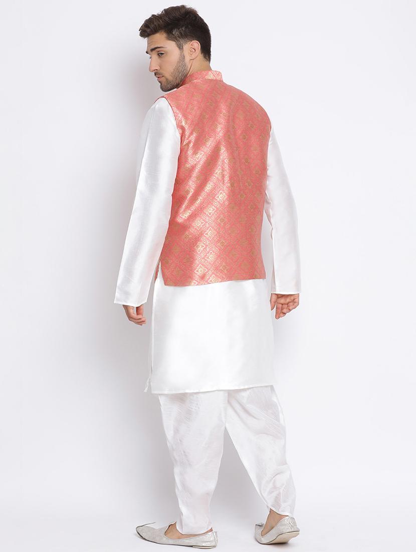 white dhoti kurta set with pink printed nehru jacket - 17633336 - Zoom Image - 4
