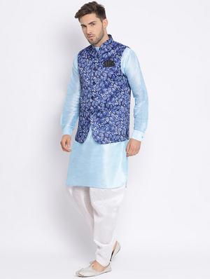 blue dhoti kurta set with blue printed nehru jacket - 17633341 - Standard Image - 2