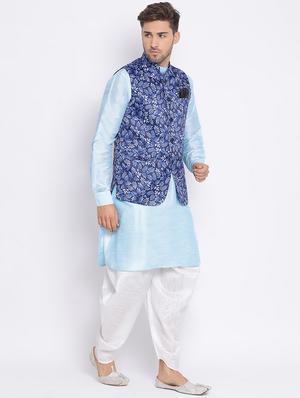 blue dhoti kurta set with blue printed nehru jacket - 17633341 - Standard Image - 3
