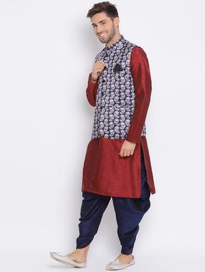red dhoti kurta set with blue printed nehru jacket - 17633347 - Standard Image - 3