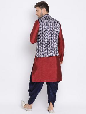 red dhoti kurta set with blue printed nehru jacket - 17633347 - Standard Image - 4