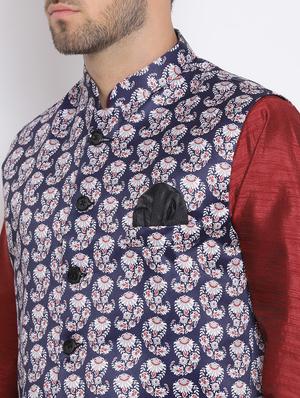 red dhoti kurta set with blue printed nehru jacket - 17633347 - Standard Image - 5