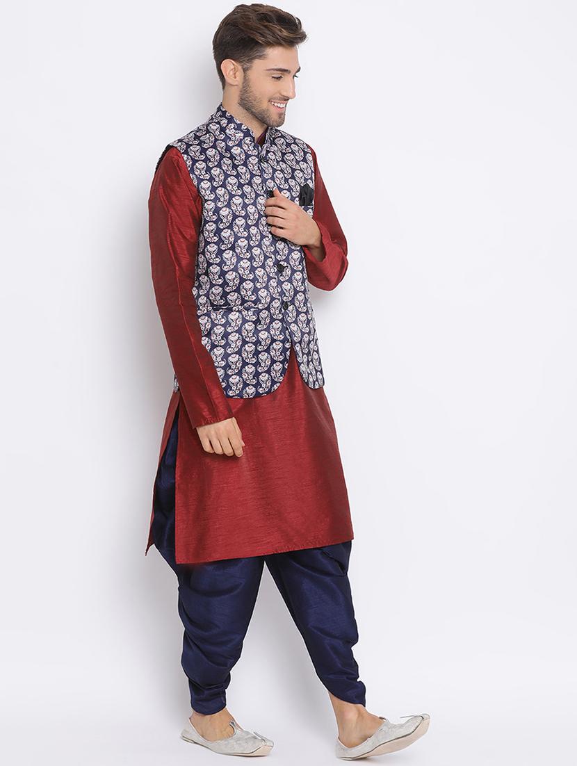 red dhoti kurta set with blue printed nehru jacket - 17633347 - Zoom Image - 2