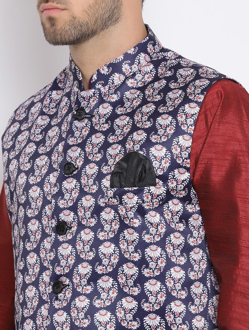 red dhoti kurta set with blue printed nehru jacket - 17633347 - Zoom Image - 5