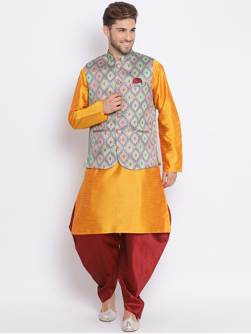 orange dhoti kurta set with multi printed nehru jacket - 17633353 - Zoom Image - 1