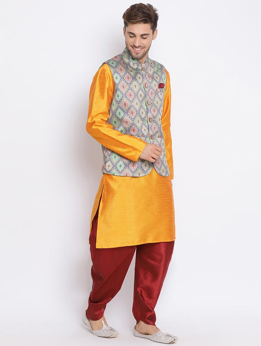 orange dhoti kurta set with multi printed nehru jacket - 17633353 - Zoom Image - 2