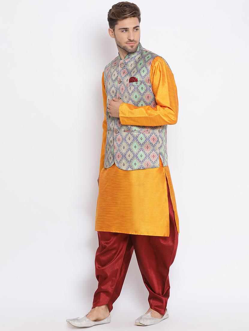 orange dhoti kurta set with multi printed nehru jacket - 17633353 - Zoom Image - 3