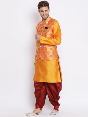 orange dhoti kurta set with orange printed nehru jacket - 17633363 - Standard Image - 3