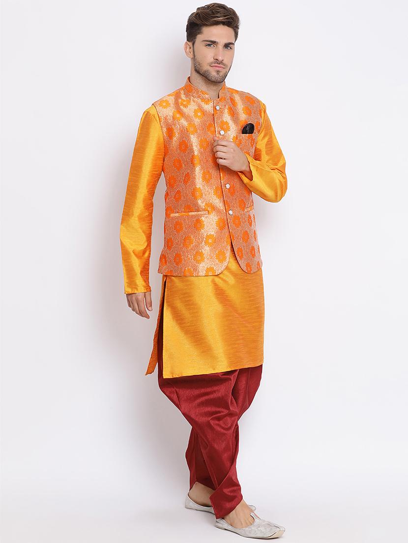orange dhoti kurta set with orange printed nehru jacket - 17633363 - Zoom Image - 2
