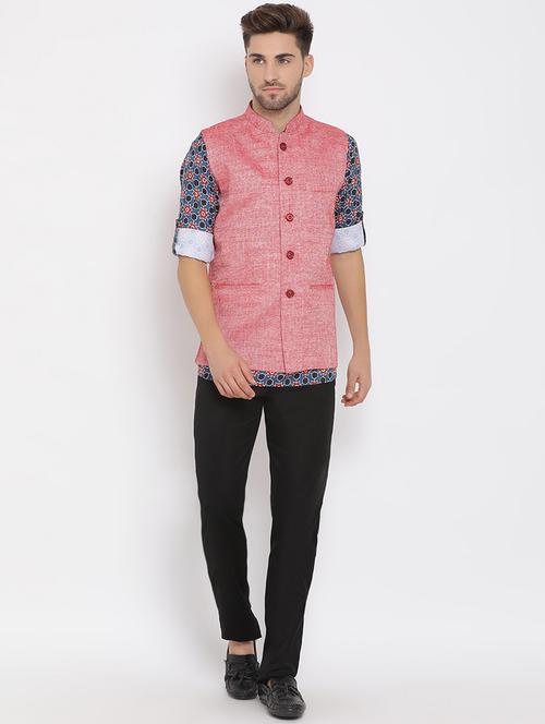 navy blue printed silk blend kurta pant set with red solid nehru jacket - 17633365 - Standard Image - 1