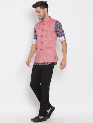 navy blue printed silk blend kurta pant set with red solid nehru jacket - 17633365 - Standard Image - 3