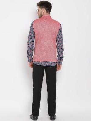 navy blue printed silk blend kurta pant set with red solid nehru jacket - 17633365 - Standard Image - 4