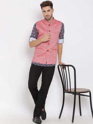 navy blue printed silk blend kurta pant set with red solid nehru jacket - 17633365 - Standard Image - 5