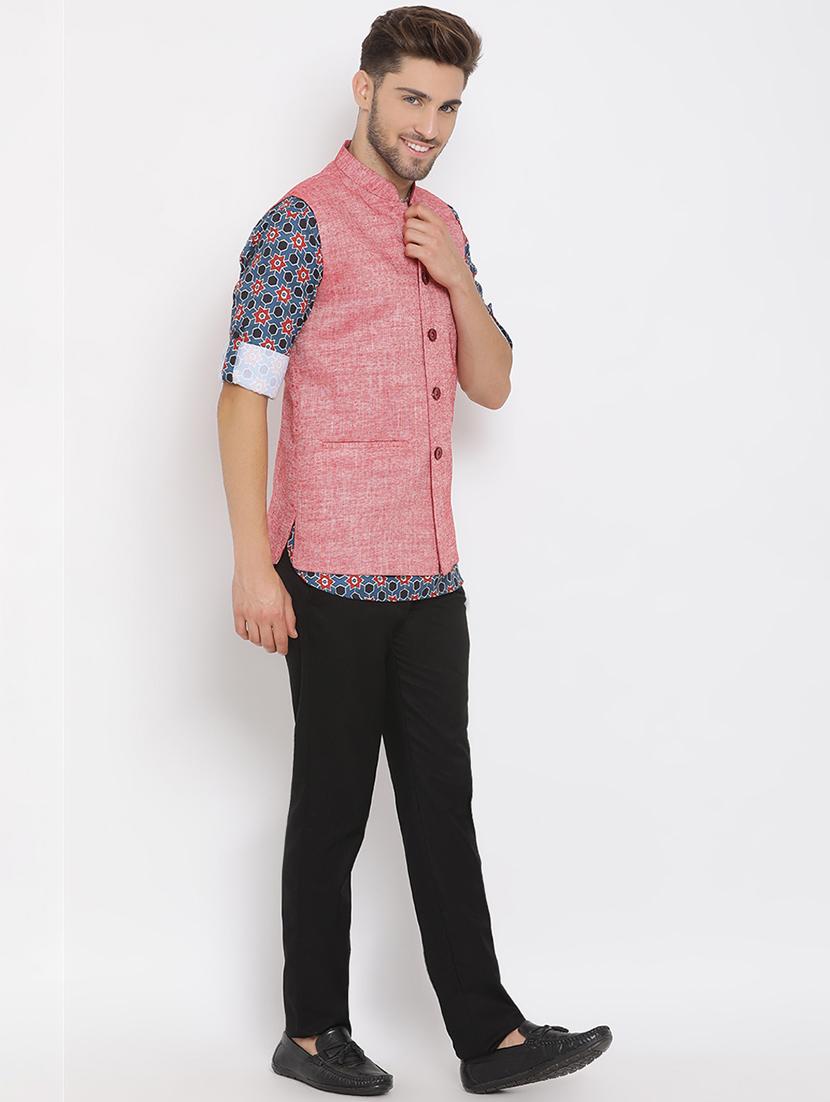 navy blue printed silk blend kurta pant set with red solid nehru jacket - 17633365 - Zoom Image - 2