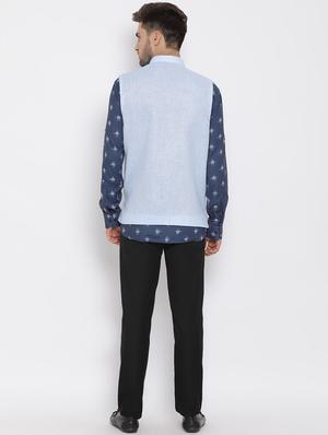 navy blue printed silk blend kurta pant set with blue solid nehru jacket - 17633371 - Standard Image - 4