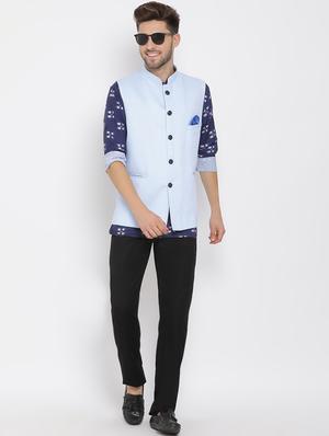 navy blue printed silk blend kurta pant set with blue solid nehru jacket - 17633371 - Standard Image - 5