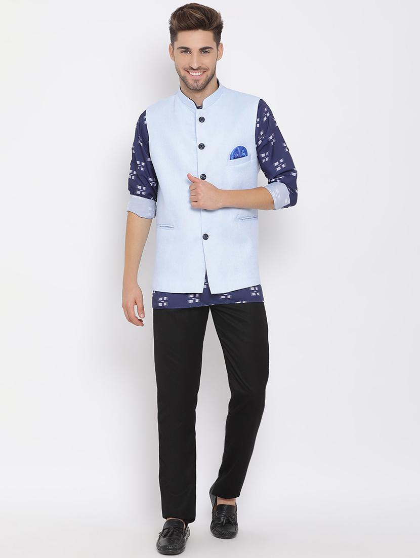navy blue printed silk blend kurta pant set with blue solid nehru jacket - 17633371 - Zoom Image - 1