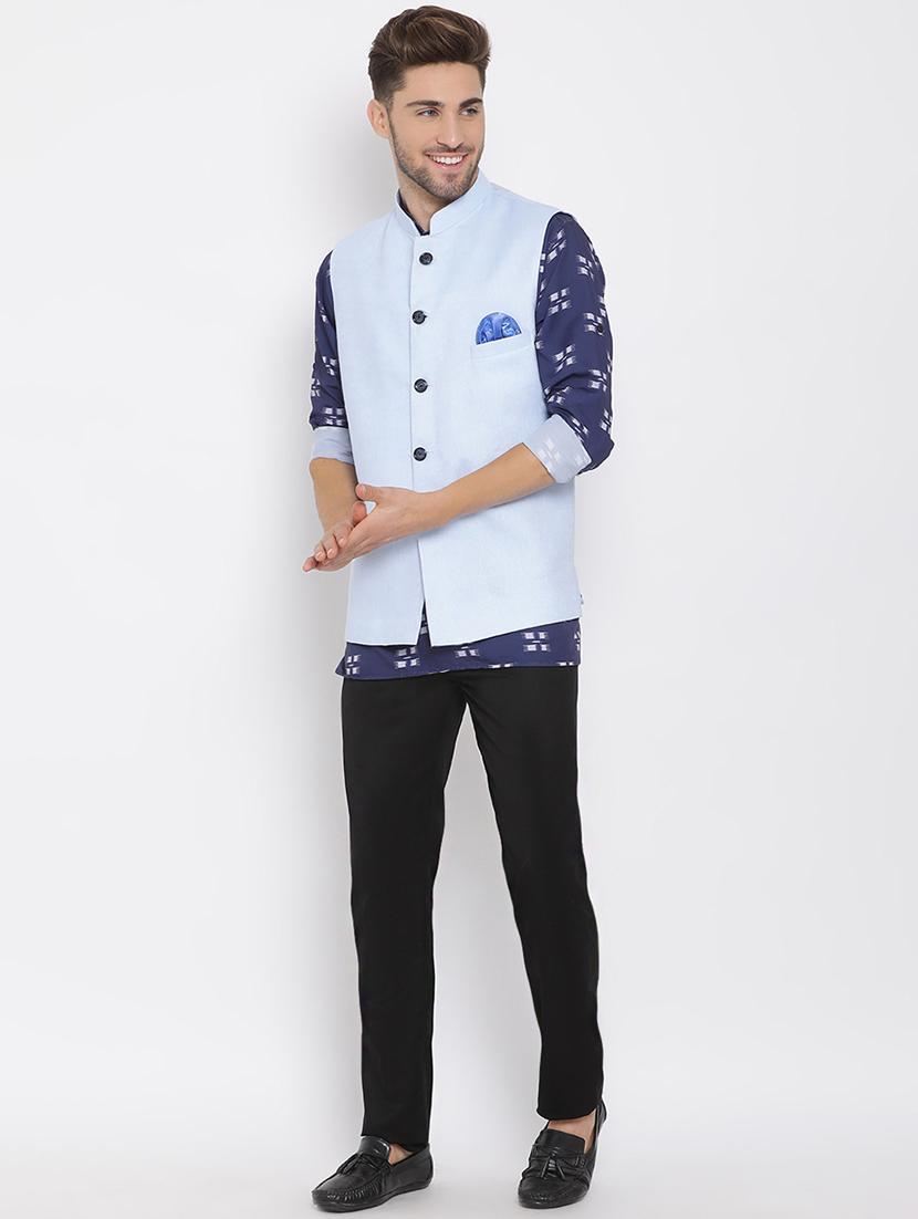 navy blue printed silk blend kurta pant set with blue solid nehru jacket - 17633371 - Zoom Image - 2