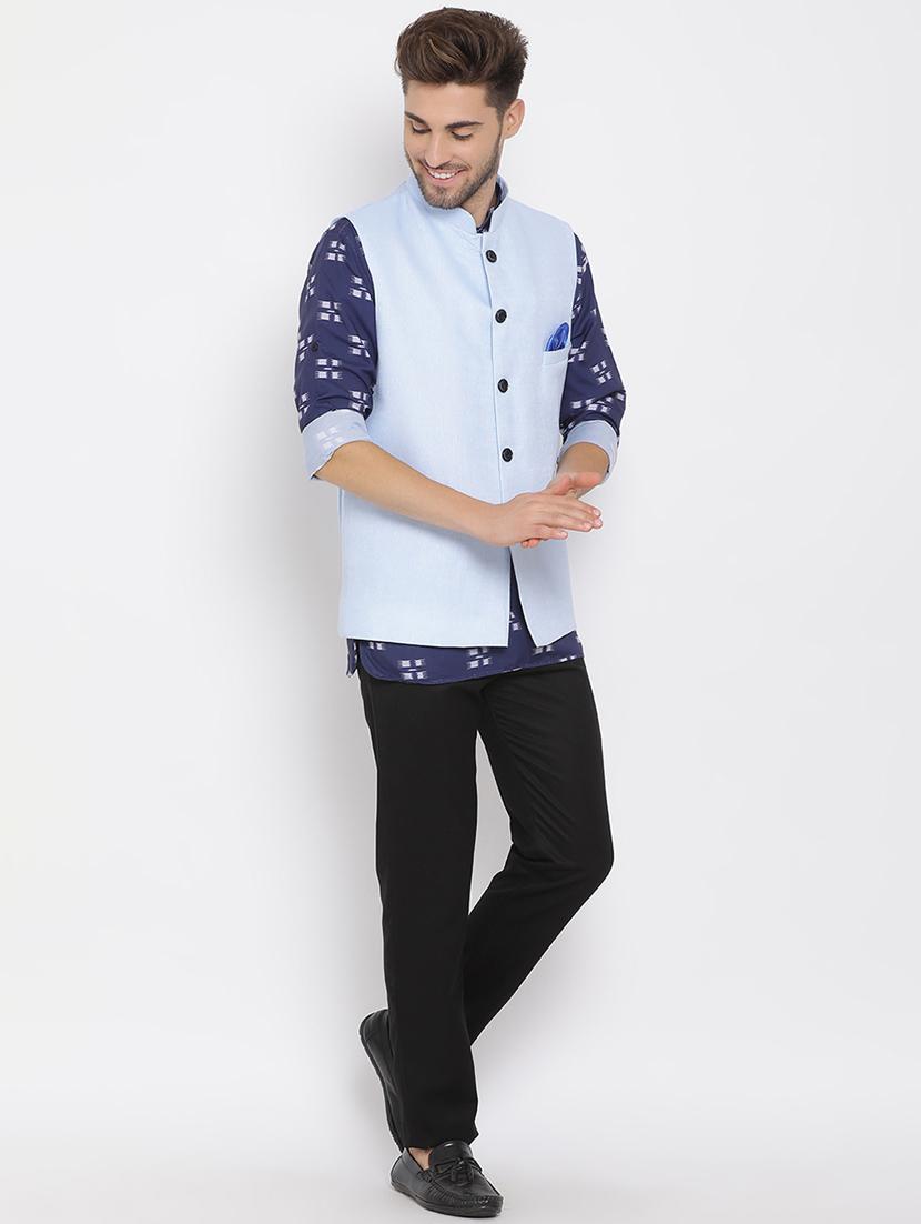 navy blue printed silk blend kurta pant set with blue solid nehru jacket - 17633371 - Zoom Image - 3