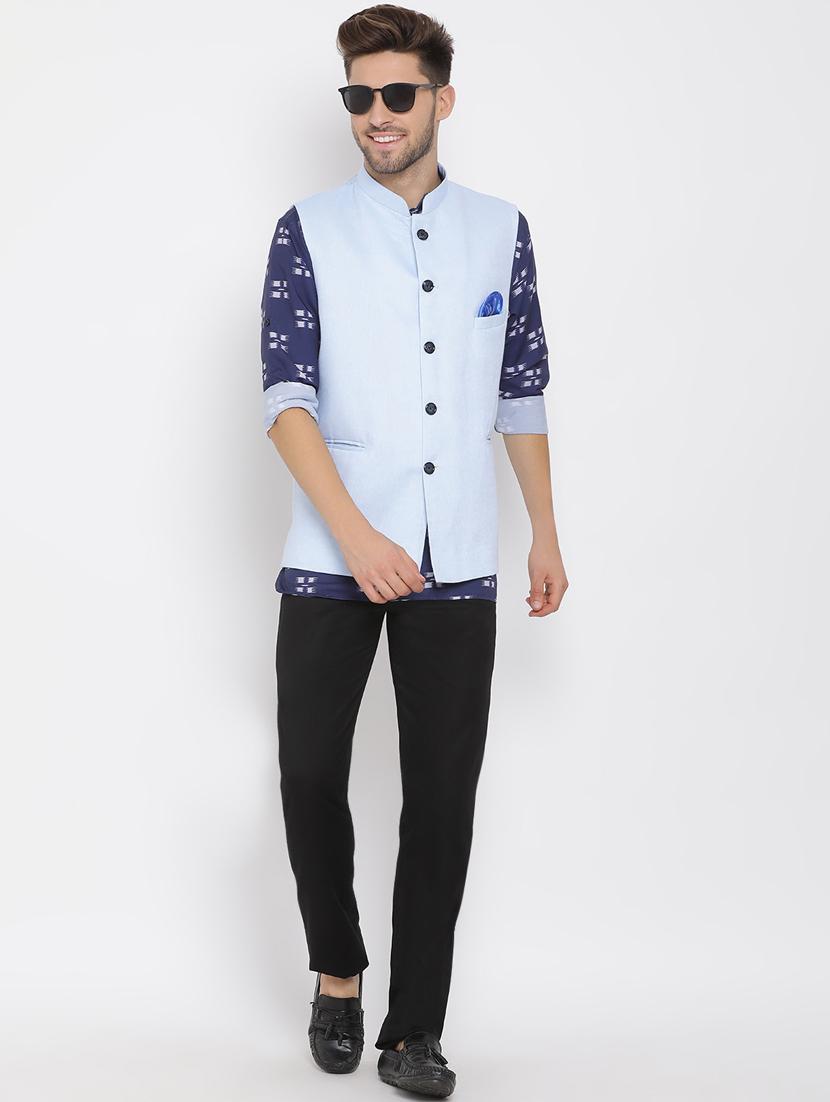 navy blue printed silk blend kurta pant set with blue solid nehru jacket - 17633371 - Zoom Image - 5