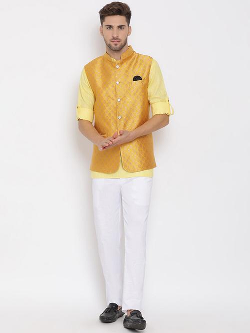 yellow solid silk blend kurta pant set with jacquard nehru jacket - 17633381 - Standard Image - 1