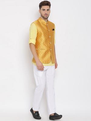 yellow solid silk blend kurta pant set with jacquard nehru jacket - 17633381 - Standard Image - 2
