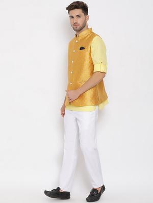 yellow solid silk blend kurta pant set with jacquard nehru jacket - 17633381 - Standard Image - 3