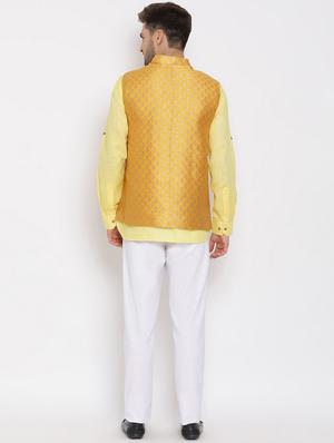 yellow solid silk blend kurta pant set with jacquard nehru jacket - 17633381 - Standard Image - 4