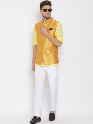 yellow solid silk blend kurta pant set with jacquard nehru jacket - 17633381 - Standard Image - 5