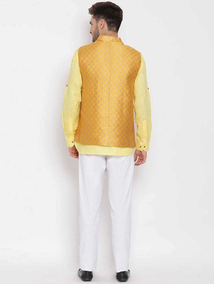 yellow solid silk blend kurta pant set with jacquard nehru jacket - 17633381 - Zoom Image - 4