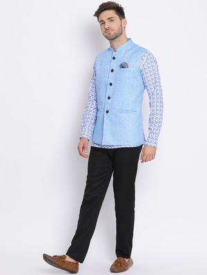 blue solid silk blend kurta pant set with printed nehru jacket - 17633383 - Standard Image - 3