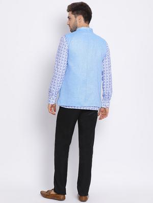 blue solid silk blend kurta pant set with printed nehru jacket - 17633383 - Standard Image - 4