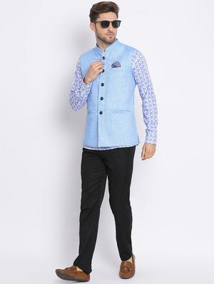 blue solid silk blend kurta pant set with printed nehru jacket - 17633383 - Standard Image - 5