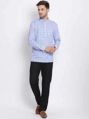 blue solid silk blend kurta pant set with printed nehru jacket - 17633383 - Standard Image - 6